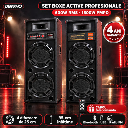 Set Boxe Active Profesionale DEMAHO 600W RMS, 95 cm, 4 Difuzoare 25 cm, Karaoke, Bluetooth, USB, Radio FM, Ecran LCD + CADOU Telecomandă