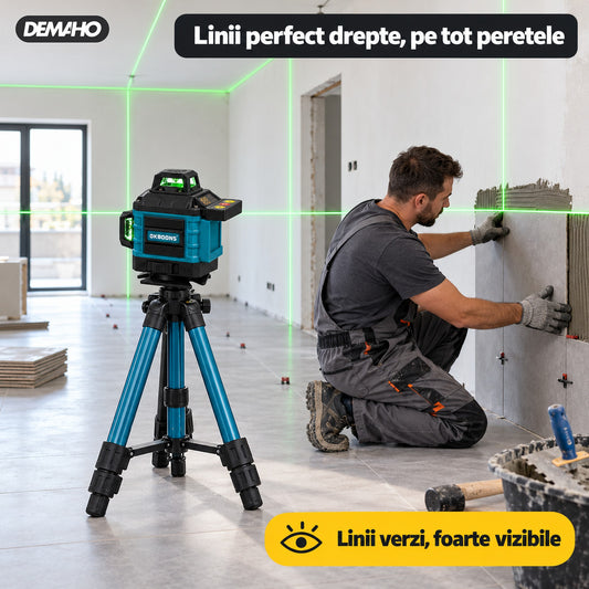 Nivela Laser Profesională OKBOONS 4D 16 Linii 360° cu Linii Verzi - 2 Baterii Li-ion, Telecomandă + Trepied, Servietă Transport