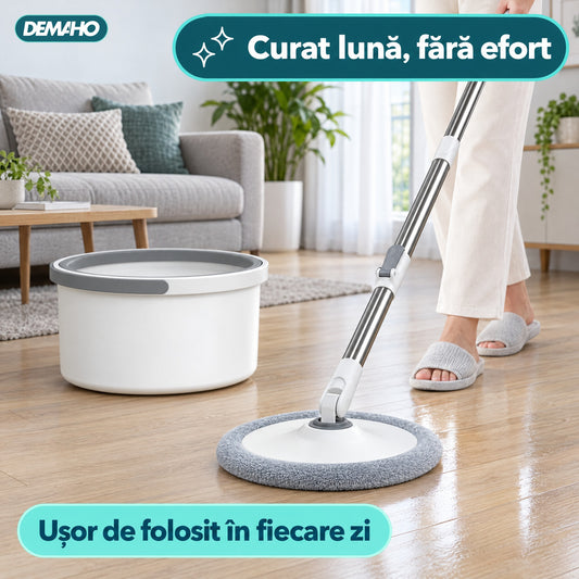 Set Mop Rotativ cu Auto-Spălare, Găleată cu Apă Curată și Murdară Separate, Stoarcere 360°, Mâner Telescopic din Inox, 2