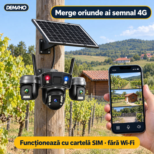 Cameră de Supraveghere Solară 4G cu 3 Obiective, Panou Solar Inclus, Baterie 12.000 mAh, Înregistrare Non-Stop 24/7, Rotire PTZ, Detecție Persoane, Audio Bidirecțional, Vedere Nocturnă, Negru