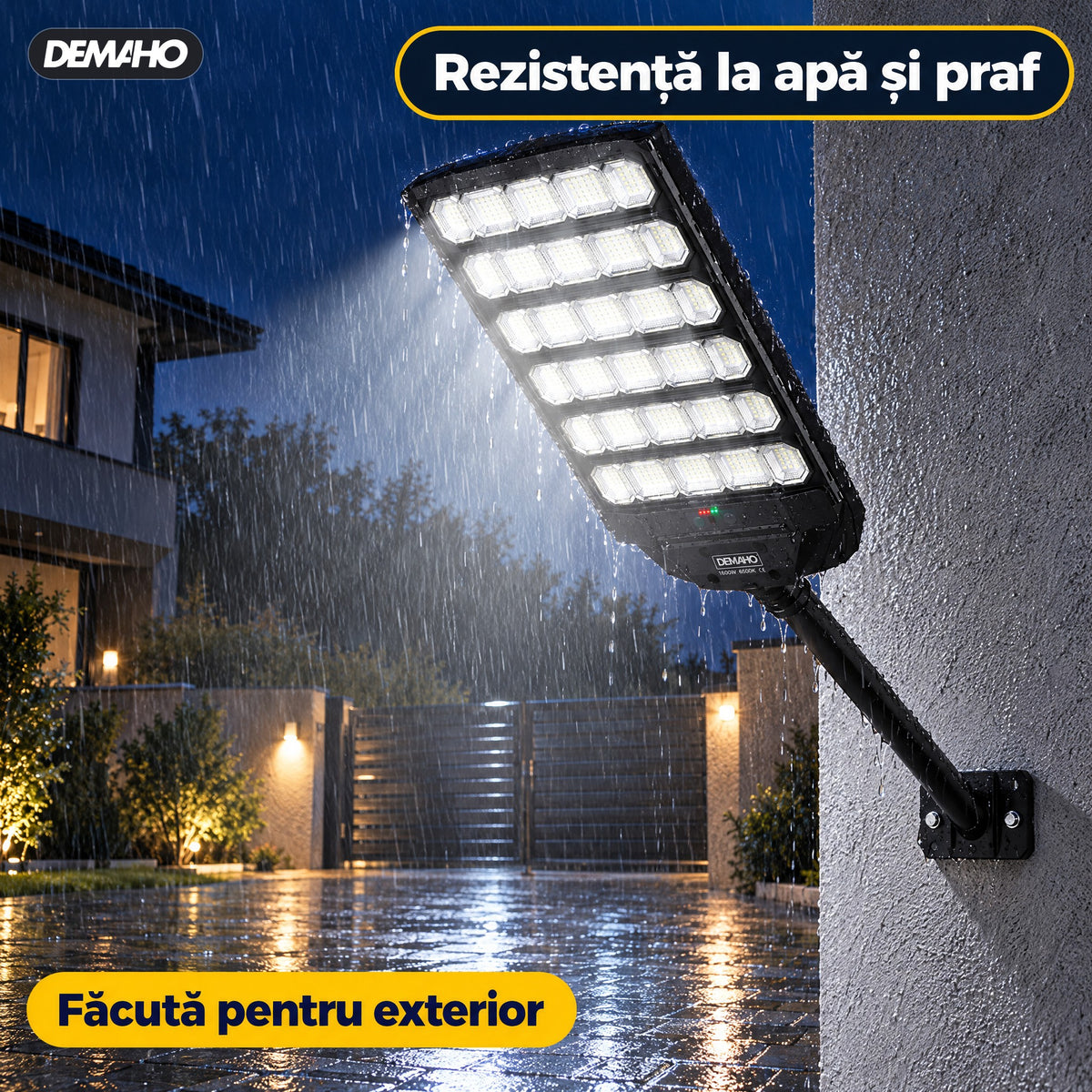 Lampă Solară Stradală DEMAHO Zenith 1600W – LED 120.000 lm, IP66, Telecomandă, Senzor de Mișcare și Lumină
