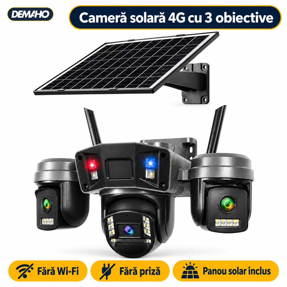 Cameră de Supraveghere Solară 4G cu 3 Obiective, Panou Solar Inclus, Baterie 12.000 mAh, Înregistrare Non-Stop 24/7, Rotire PTZ, Detecție Persoane, Audio Bidirecțional, Vedere Nocturnă, Negru