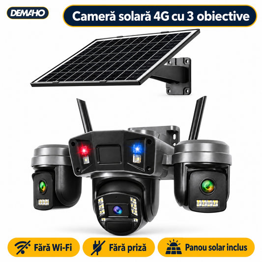 Cameră de Supraveghere Solară 4G cu 3 Obiective, Panou Solar Inclus, Baterie 12.000 mAh, Înregistrare Non-Stop 24/7, Rotire PTZ, Detecție Persoane, Audio Bidirecțional, Vedere Nocturnă, Negru