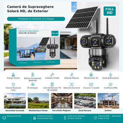 Cameră de Supraveghere Solară 4G cu 3 Lentile și PTZ, IP66 — Baterie 8000mAh