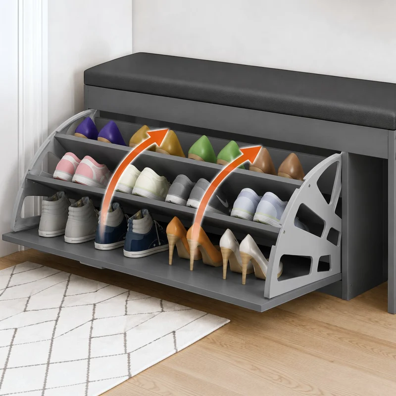 Dulap pentru pantofi tip bancheta Gri, 6 rafturi, 100x34x50 cm