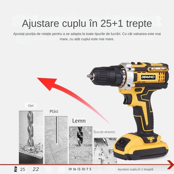 Masina de Gaurit si Insurubat (bormasina) DEMAHO®, Autofiletanta cu Percutie, 36V, 8.0 Ah, 500W, 2 Acumulatori Li-Ion, 30 Accesorii, Statie de Incarcare, Valiza de Transport, Design Galben/Negru