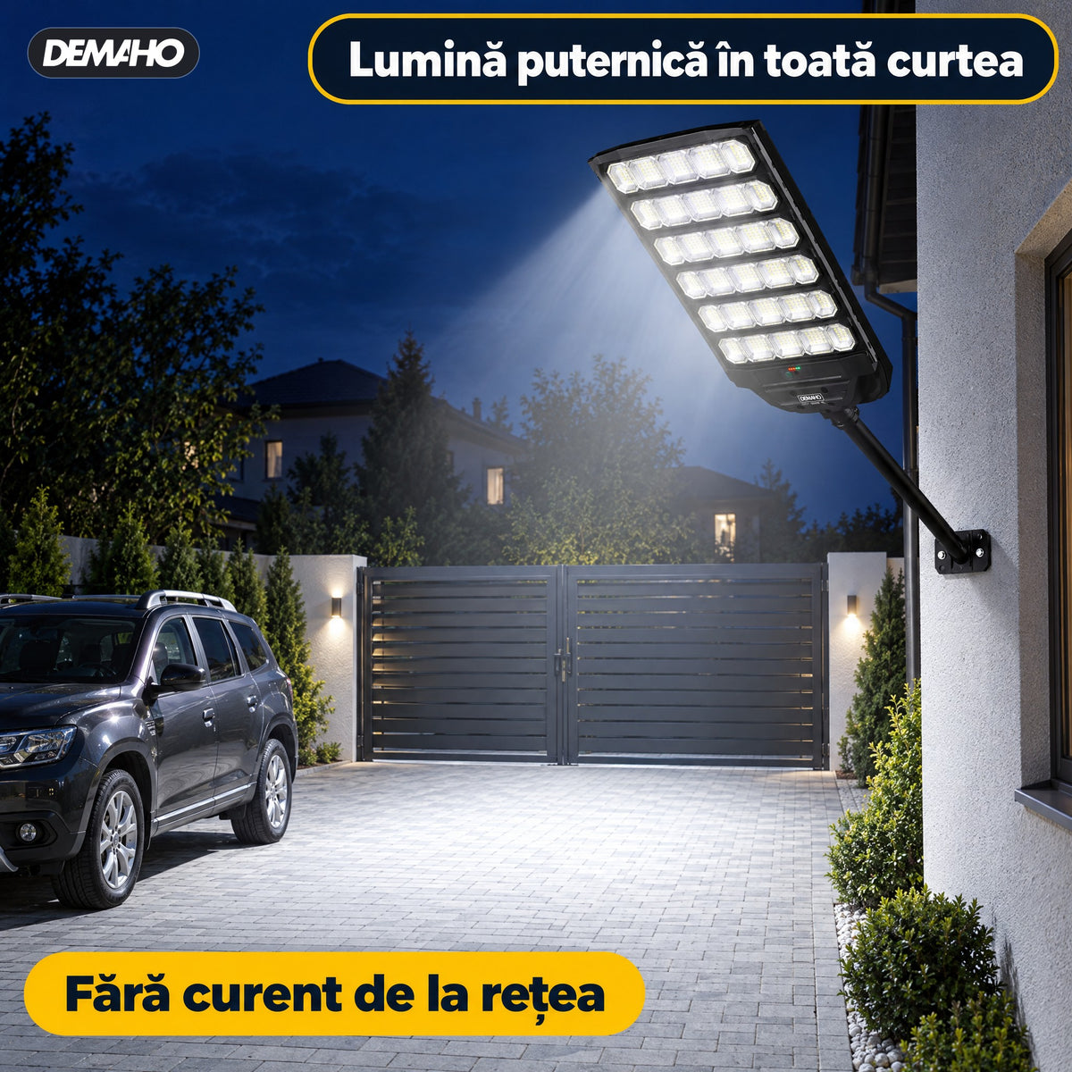 Lampă Solară Stradală DEMAHO Zenith 1600W – LED 120.000 lm, IP66, Telecomandă, Senzor de Mișcare și Lumină