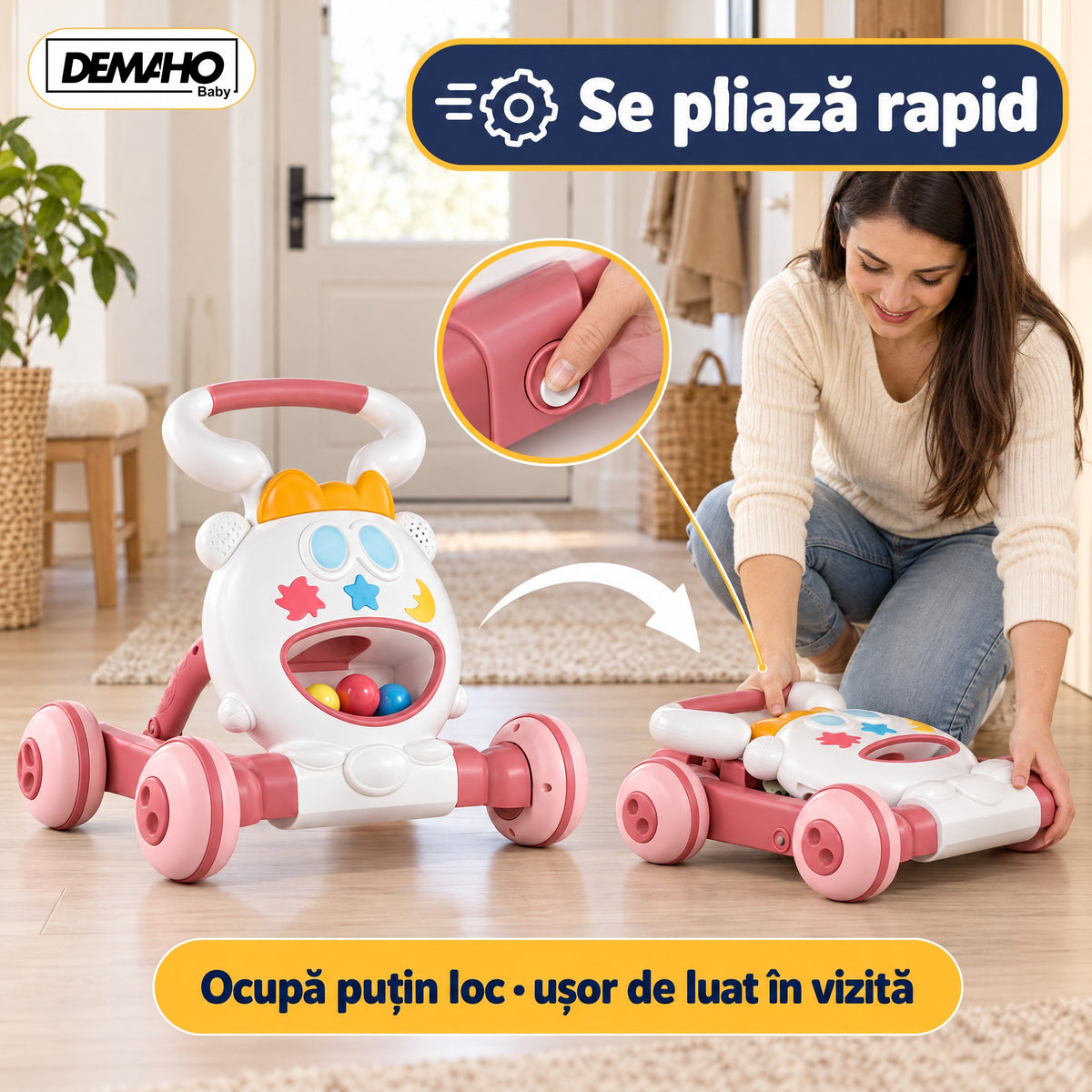 Premergător de Activități 3 în 1 DEMAHO, Lumini și Muzică, Mingi Colorate, Jucării Detașabile, Roți Antiderapante, Pliabil, 6-36 Luni