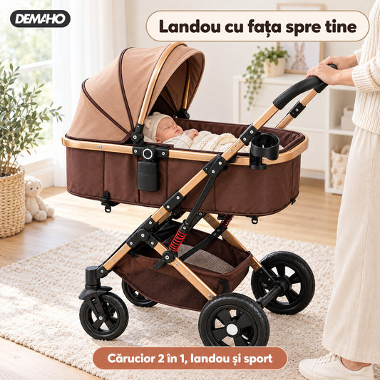 Carucior copii cu suspensii 2 in 1 transformabil landou-sport cu maner protectie din piele, cos pentru accesorii