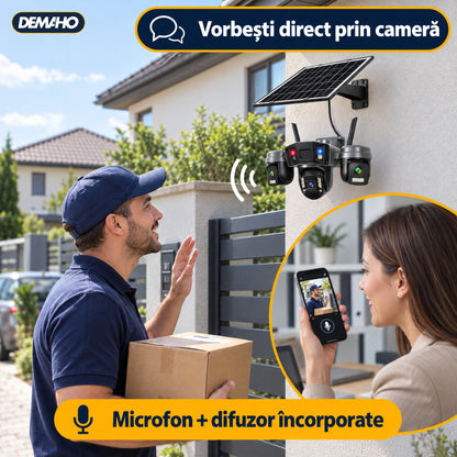 Cameră de Supraveghere Solară 4G cu 3 Obiective, Panou Solar Inclus, Baterie 12.000 mAh, Înregistrare Non-Stop 24/7, Rotire PTZ, Detecție Persoane, Audio Bidirecțional, Vedere Nocturnă, Negru