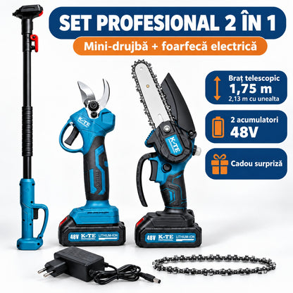 Set profesional mini-drujbă și foarfecă electrică cu braț telescopic