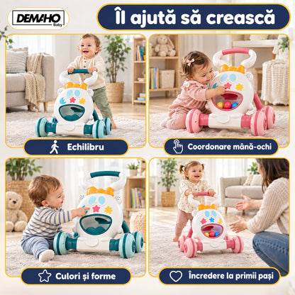 Premergător de Activități 3 în 1 DEMAHO, Lumini și Muzică, Mingi Colorate, Jucării Detașabile, Roți Antiderapante, Pliabil, 6-36 Luni