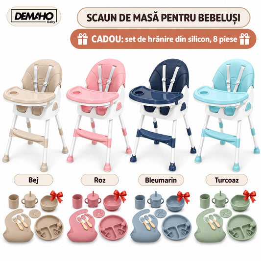 Scaun de Masă pentru Bebeluși DEMAHO Baby, 2 Înălțimi, Pliabil, Tăviță Detașabilă, Centură de Siguranță + CADOU Set Hrăn