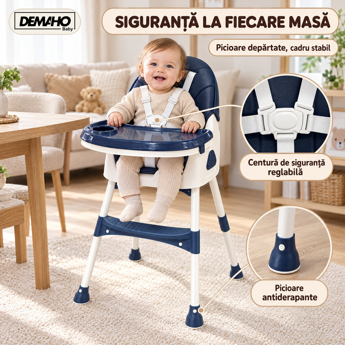 Scaun de Masă pentru Bebeluși DEMAHO Baby, 2 Înălțimi, Pliabil, Tăviță Detașabilă, Centură de Siguranță + CADOU Set Hrăn