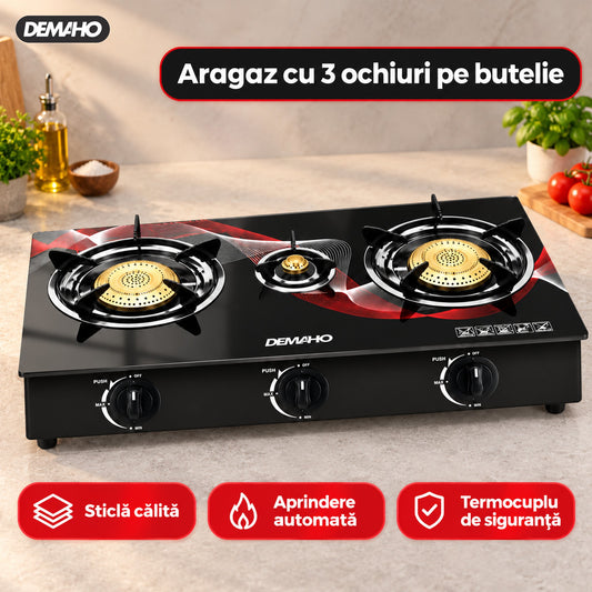 Aragaz DEMAHO cu 3 Ochiuri, Plită Sticlă Securizată, Aprindere Quartz, Butelie GPL, Negru