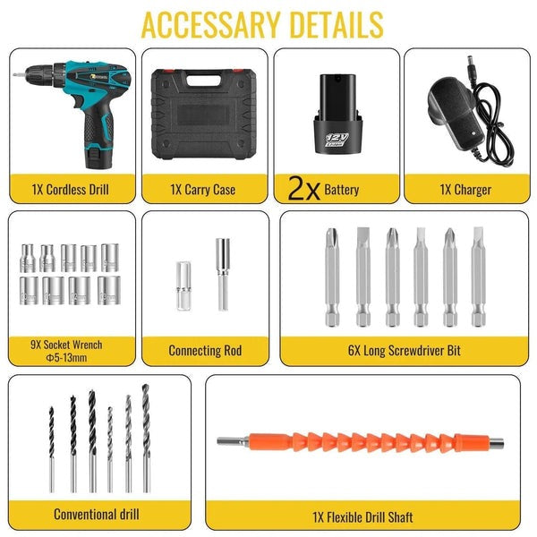 Set Bormasina Electrica DEMAHO cu 2 Acumulatori 12V, Set 24 de Accesorii, 1400 RPM