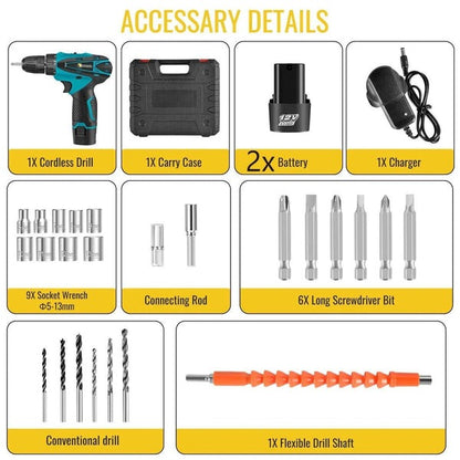 Set Bormasina Electrica DEMAHO cu 2 Acumulatori 12V, Set 24 de Accesorii, 1400 RPM