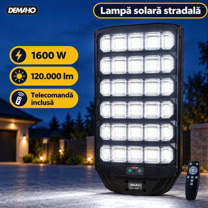 Lampă Solară Stradală DEMAHO Zenith 1600W – LED 120.000 lm, IP66, Telecomandă, Senzor de Mișcare și Lumină