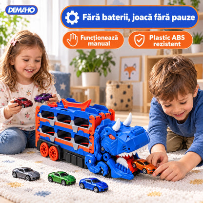 Camion Transportor Dinozaur 2 în 1, se Transformă în Pistă de Curse de 1,5 m, Lansare Dublă, Înghite Mașinuțe, Garaj pe 2 Etaje, 6 Mașinuțe Incluse, Albastru, 3+ ani