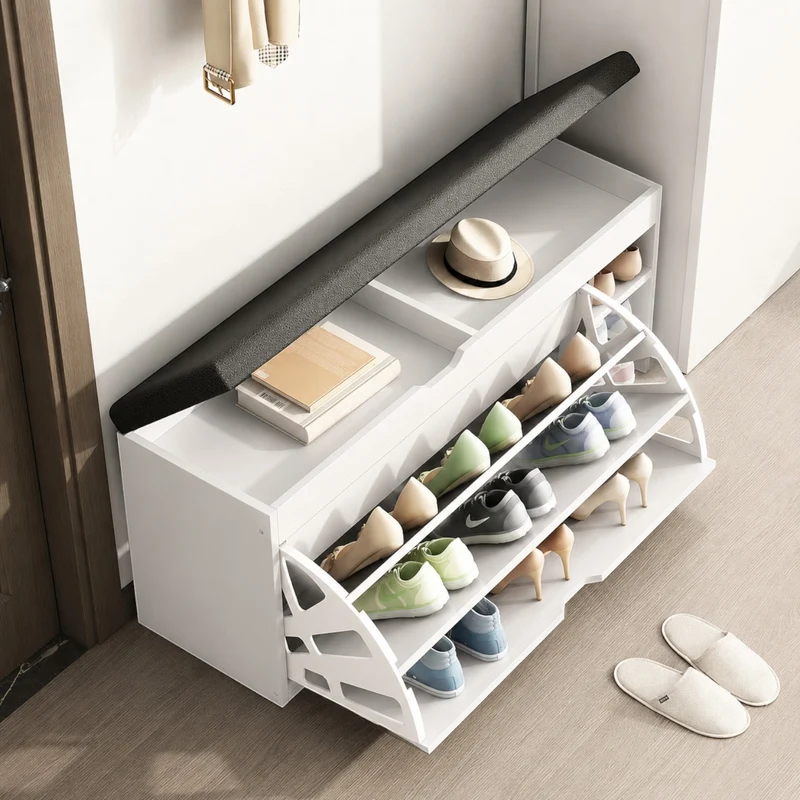 Dulap pentru pantofi tip bancheta Alb, 6 rafturi, 100x34x50 cm