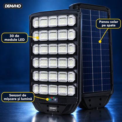 Lampă Solară Stradală DEMAHO Zenith 1600W – LED 120.000 lm, IP66, Telecomandă, Senzor de Mișcare și Lumină