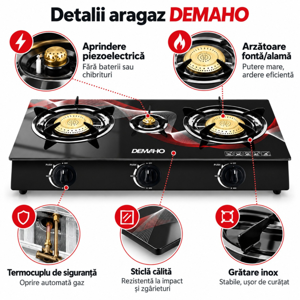 Aragaz DEMAHO cu 3 Ochiuri, Plită Sticlă Securizată, Aprindere Quartz, Butelie GPL, Negru
