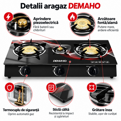 Aragaz DEMAHO cu 3 Ochiuri, Plită Sticlă Securizată, Aprindere Quartz, Butelie GPL, Negru