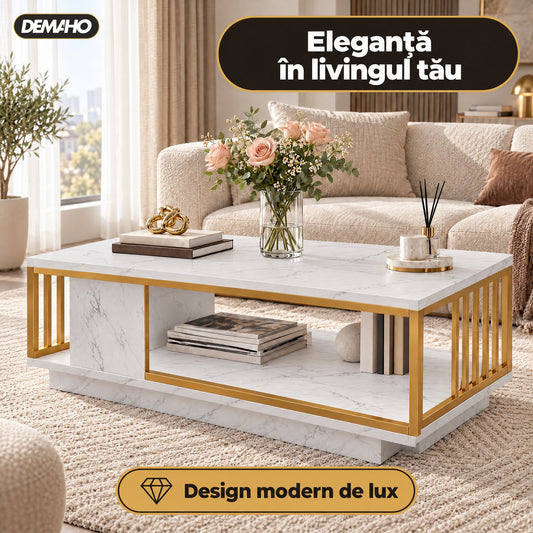 Măsuță de Cafea cu Aspect de Marmură Albă și Cadru Auriu, Raft Deschis de Depozitare, 120 × 60 × 42 cm, Design Modern de