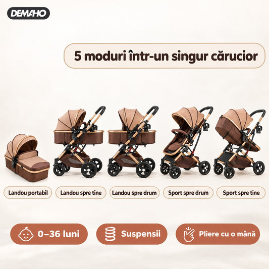 Carucior copii cu suspensii 2 in 1 transformabil landou-sport cu maner protectie din piele, cos pentru accesorii