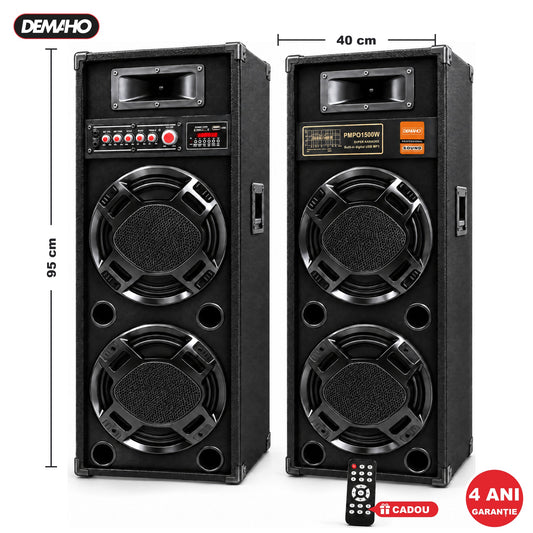 Set Boxe Active Profesionale DEMAHO 600W RMS, 95 cm, 4 Difuzoare 25 cm, Karaoke, Bluetooth, USB, Radio FM, Ecran LCD + CADOU Telecomandă