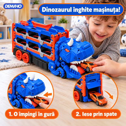 Camion Transportor Dinozaur 2 în 1, se Transformă în Pistă de Curse de 1,5 m, Lansare Dublă, Înghite Mașinuțe, Garaj pe 2 Etaje, 6 Mașinuțe Incluse, Albastru, 3+ ani