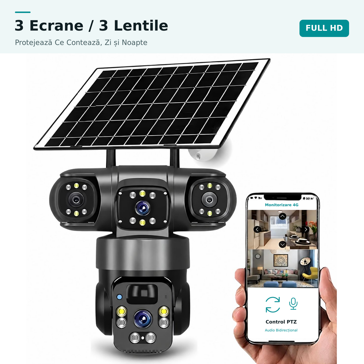 Cameră de Supraveghere Solară 4G cu 3 Lentile și PTZ, IP66 — Baterie 8000mAh