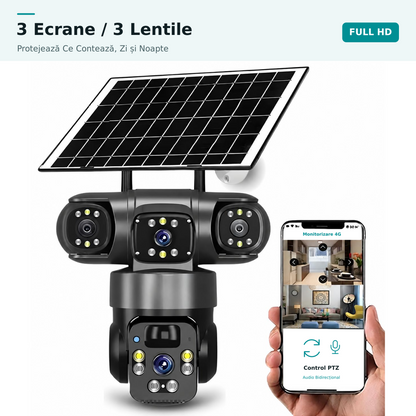 Cameră de Supraveghere Solară 4G cu 3 Lentile și PTZ, IP66 — Baterie 8000mAh