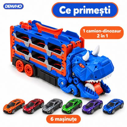Camion Transportor Dinozaur 2 în 1, se Transformă în Pistă de Curse de 1,5 m, Lansare Dublă, Înghite Mașinuțe, Garaj pe 2 Etaje, 6 Mașinuțe Incluse, Albastru, 3+ ani