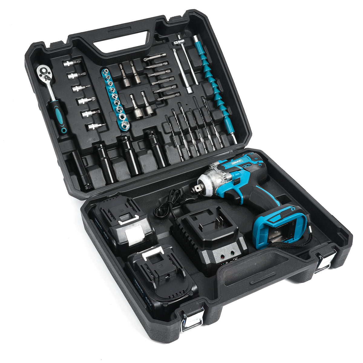 Trusa cheie de impact si insurubat DEMAHO 380Nm | 43 Accesorii Incluse | 2 Acumulatori 48V Li-Ion | Valiza