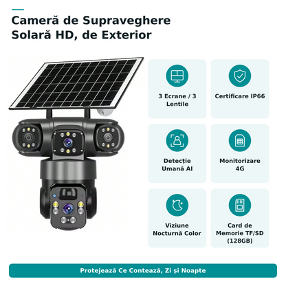 Cameră de Supraveghere Solară 4G cu 3 Lentile și PTZ, IP66 — Baterie 8000mAh