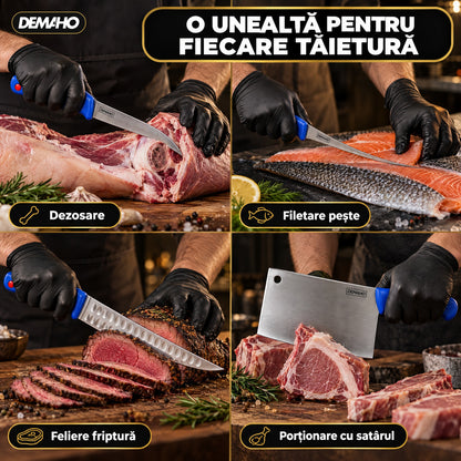 Set Cuțite Profesionale de Măcelărie DEMAHO, 8 Piese, Oțel Inoxidabil, Satâr și Masat Incluse, Mâner Antiderapant, Cutie Cadou
