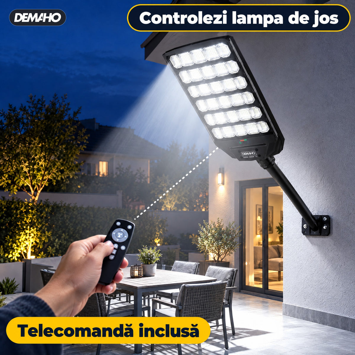 Lampă Solară Stradală DEMAHO Zenith 1600W – LED 120.000 lm, IP66, Telecomandă, Senzor de Mișcare și Lumină