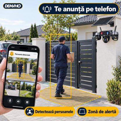 Cameră de Supraveghere Solară 4G cu 3 Obiective, Panou Solar Inclus, Baterie 12.000 mAh, Înregistrare Non-Stop 24/7, Rotire PTZ, Detecție Persoane, Audio Bidirecțional, Vedere Nocturnă, Negru