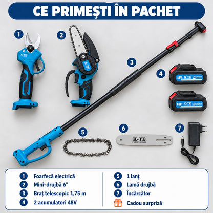 Set profesional mini-drujbă și foarfecă electrică cu braț telescopic