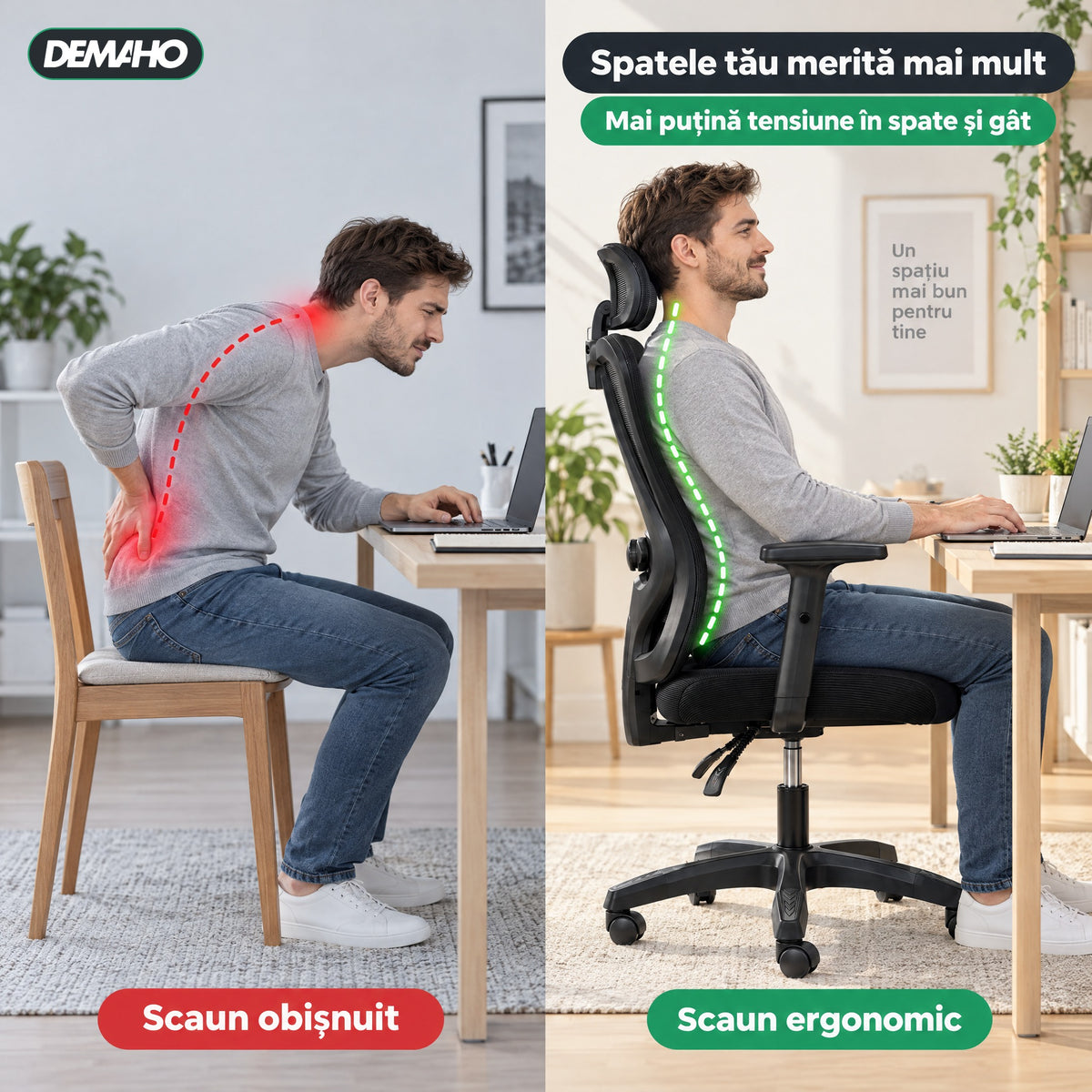 Scaun Ergonomic de Birou DEMAHO, Spătar Mesh Respirant, Suport Lombar Reglabil, Tetieră și Cotiere Reglabile, Rotativ, Negru