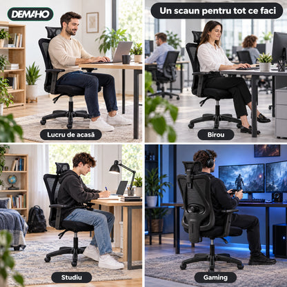 Scaun Ergonomic de Birou DEMAHO, Spătar Mesh Respirant, Suport Lombar Reglabil, Tetieră și Cotiere Reglabile, Rotativ, Negru