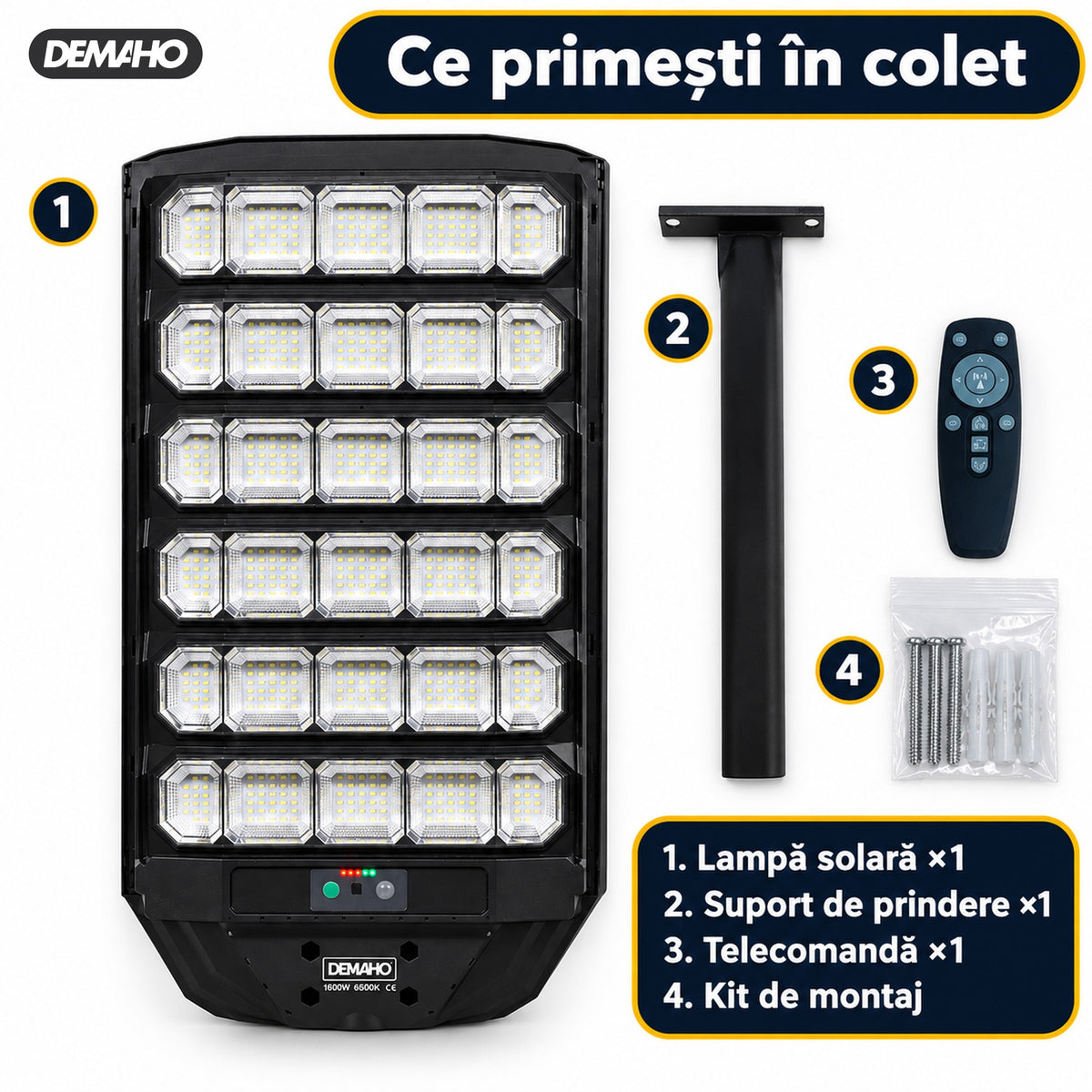 Lampă Solară Stradală DEMAHO Zenith 1600W – LED 120.000 lm, IP66, Telecomandă, Senzor de Mișcare și Lumină