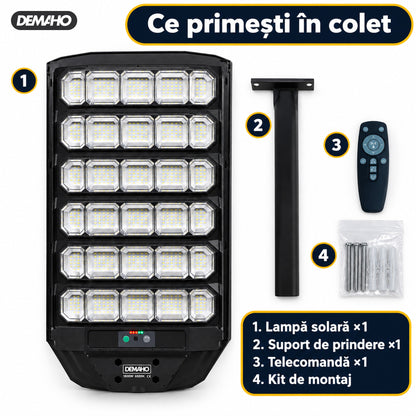 Lampă Solară Stradală DEMAHO Zenith 1600W – LED 120.000 lm, IP66, Telecomandă, Senzor de Mișcare și Lumină