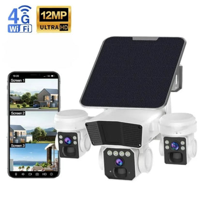 Camera de supraveghere solara 12MP 4G, Multi-lentile, Panou 20W, vedere nocturna, senzor miscare