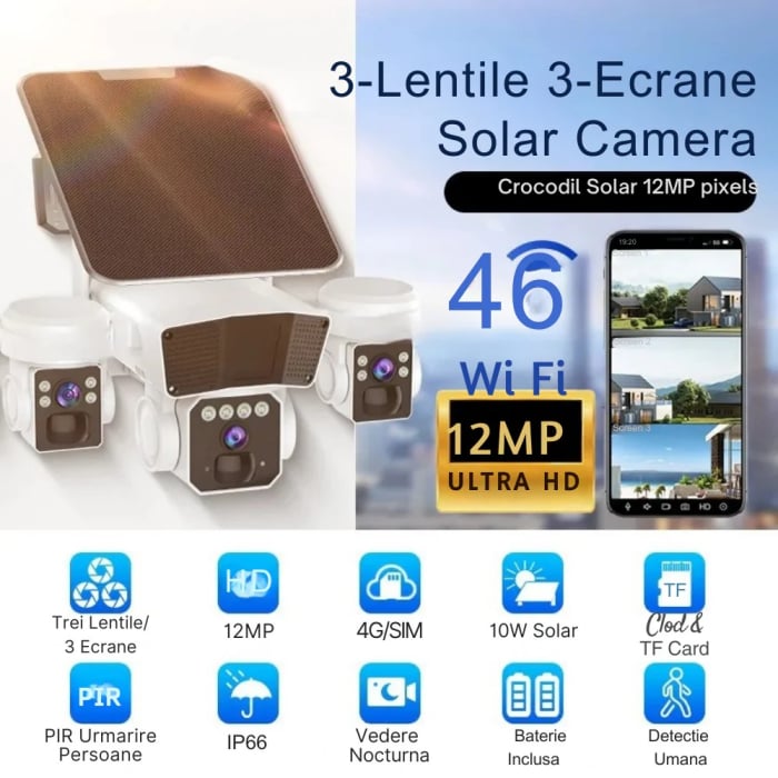 Camera de supraveghere solara 12MP 4G, Multi-lentile, Panou 20W, vedere nocturna, senzor miscare