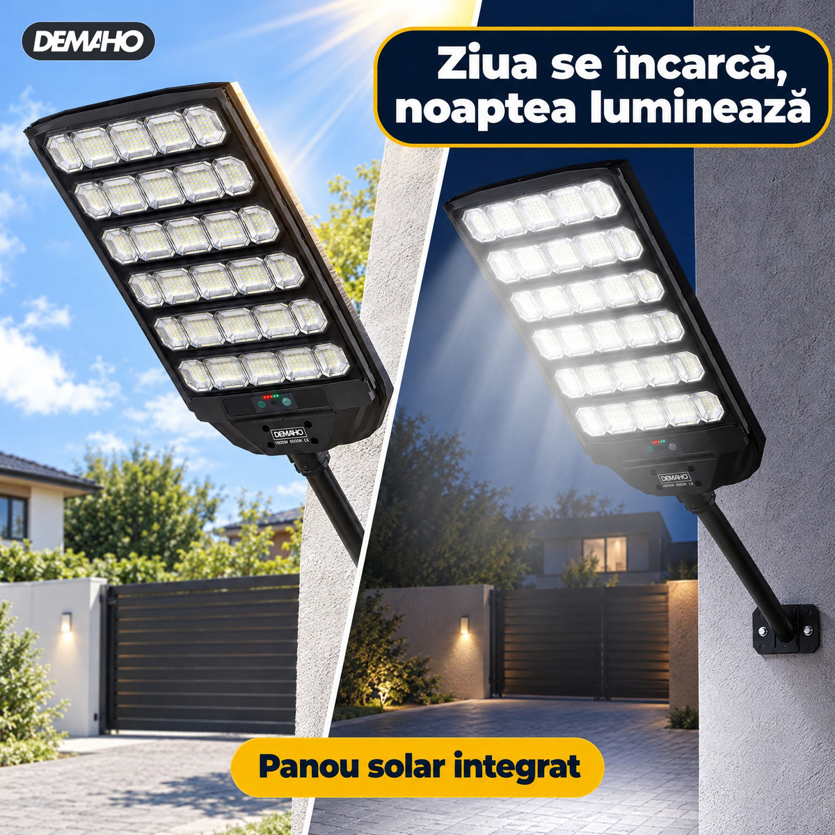 Lampă Solară Stradală DEMAHO Zenith 1600W – LED 120.000 lm, IP66, Telecomandă, Senzor de Mișcare și Lumină