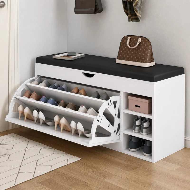 Dulap pentru pantofi tip bancheta Alb, 6 rafturi, 100x34x50 cm