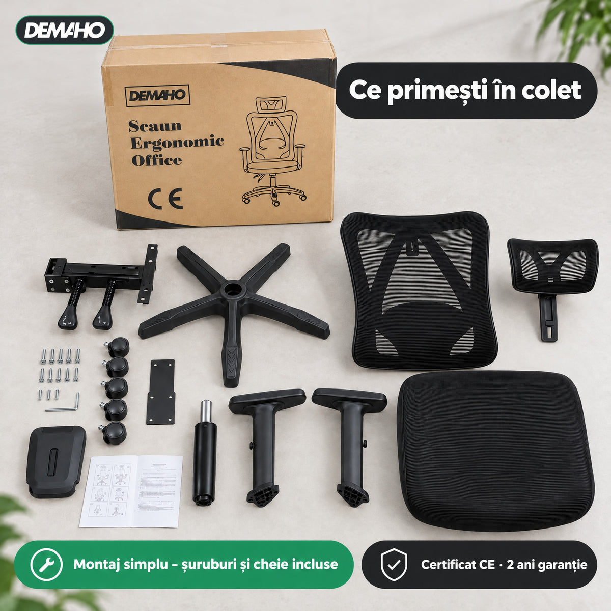 Scaun Ergonomic de Birou DEMAHO, Spătar Mesh Respirant, Suport Lombar Reglabil, Tetieră și Cotiere Reglabile, Rotativ, Negru