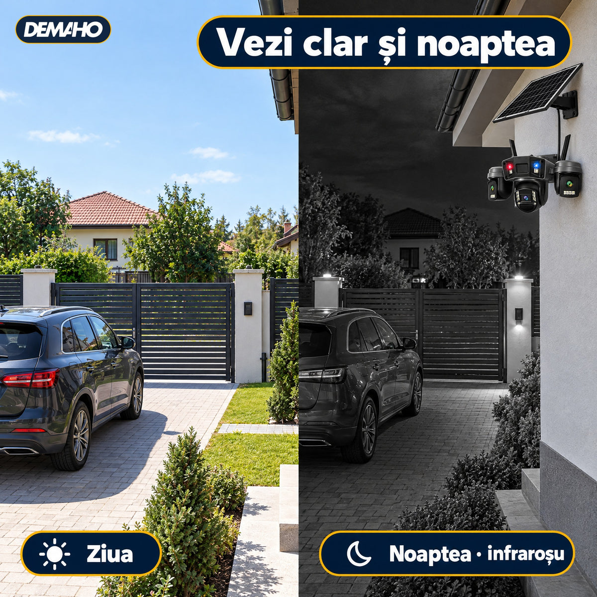 Cameră de Supraveghere Solară 4G cu 3 Obiective, Panou Solar Inclus, Baterie 12.000 mAh, Înregistrare Non-Stop 24/7, Rotire PTZ, Detecție Persoane, Audio Bidirecțional, Vedere Nocturnă, Negru